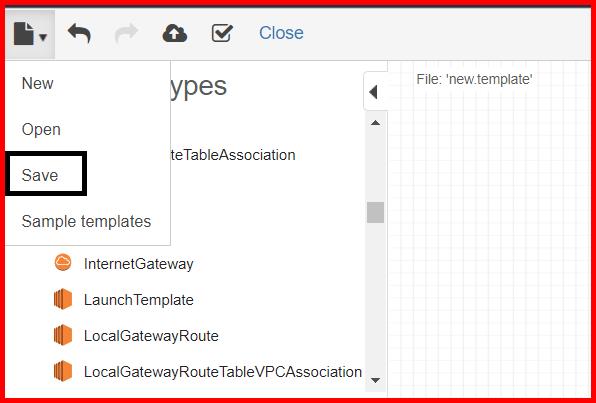Picture showing the Save menu for saving the template
